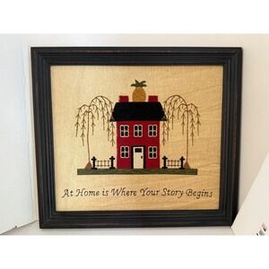 At Home America Primitive Framed Folk Art Pineapple House Willow Tree Wall Decor